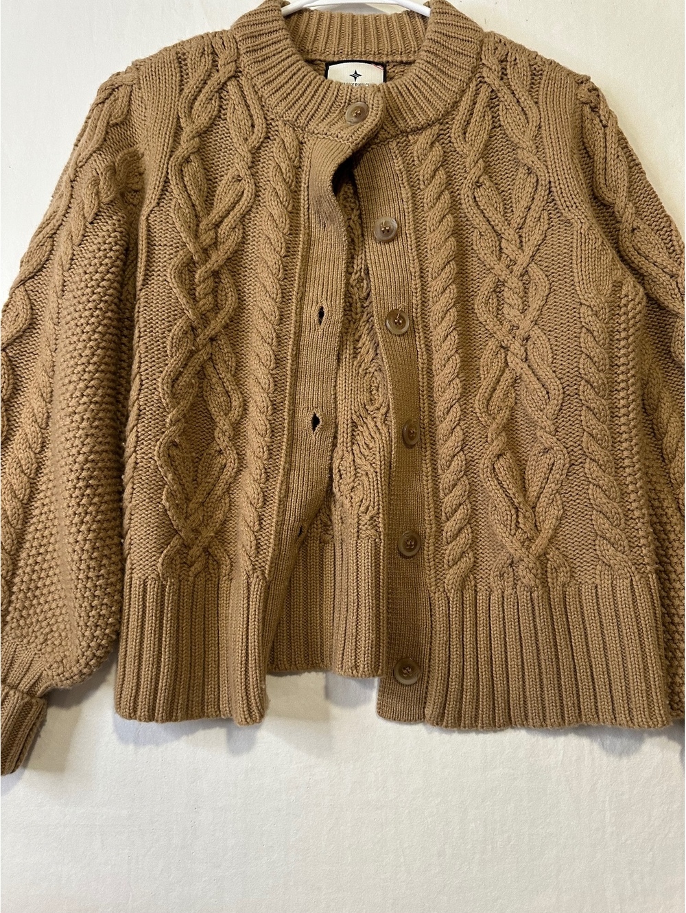 Tuckernuck 100% Wool Cable Knit Cardigan Camel Brown Button Front Size S